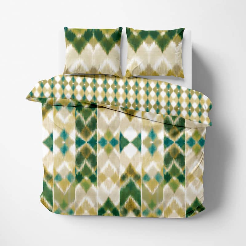 Delara GOTS Certified 100% Organic Cotton Aztec Reversible Print Duvet Cover and Sham Set of 2, Green - Green - Queen