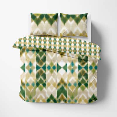 Delara GOTS Certified 100% Organic Cotton Aztec Reversible Print Duvet Cover and Sham Set of 2, Green