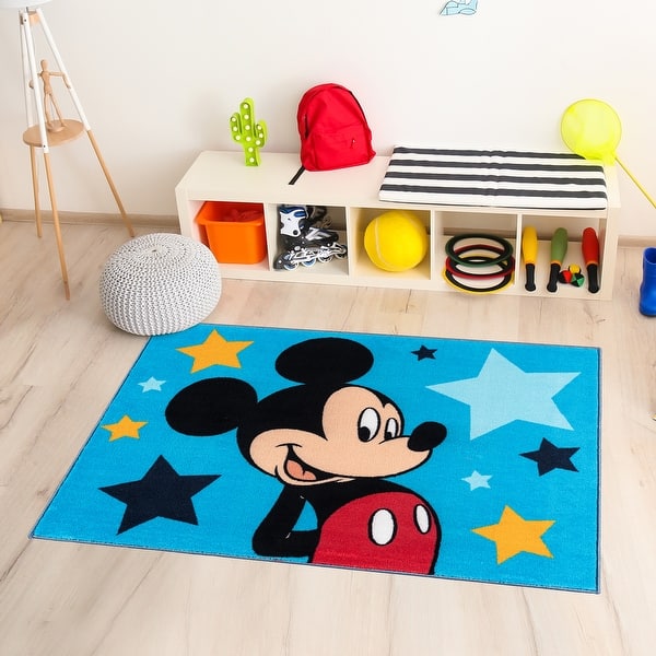 slide 2 of 5, Licensed Disney Mickey Mouse Stars Blue Black Yellow Non-Slip Easy Care Soft Polyester Youth Kids Rug 3x5 - 3' 4" x 4' 6"