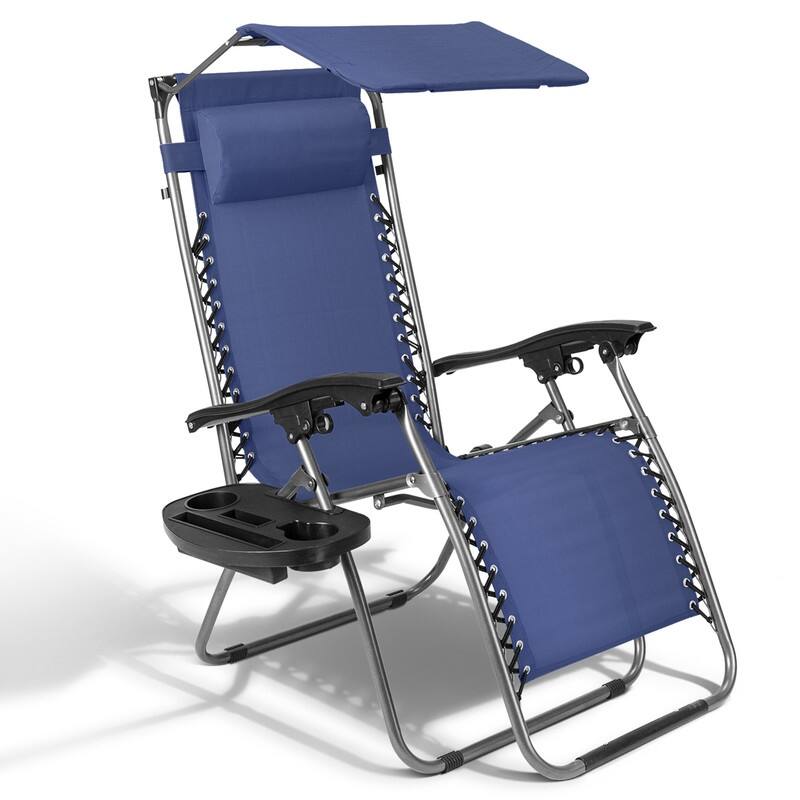 Patio Single Zero Gravity Folding Lounge Recliner Chair with Canopy and Cup Holder - Blue