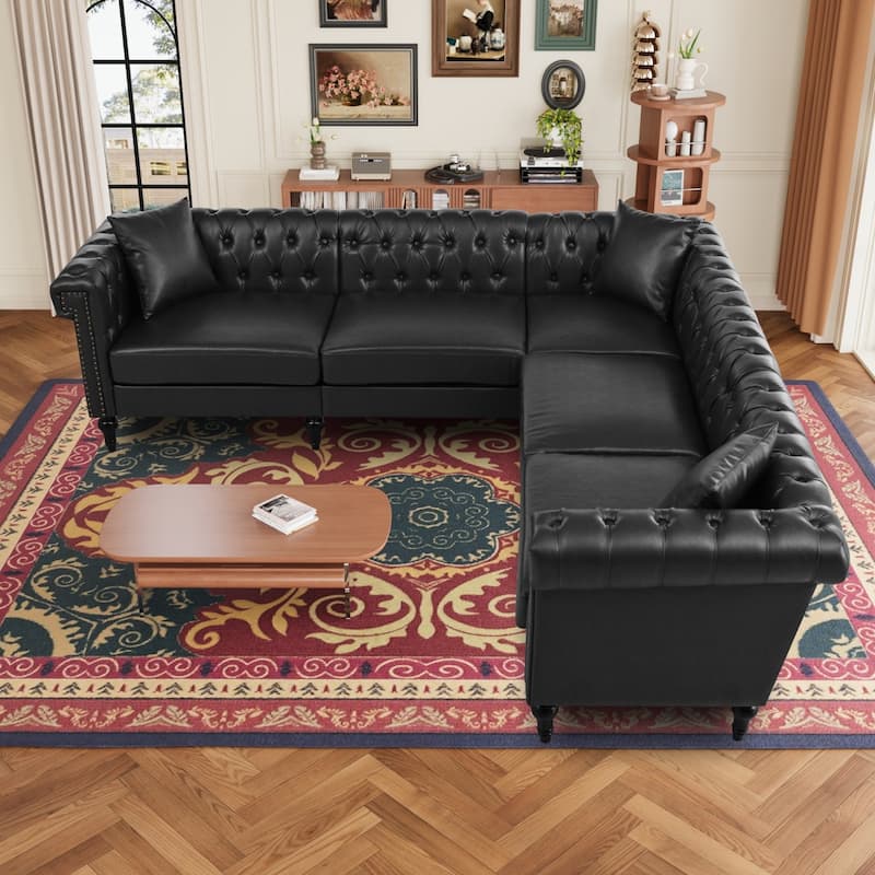 99.49" L-Shaped PU Leather Sectional Sofa with Nailhead - Black