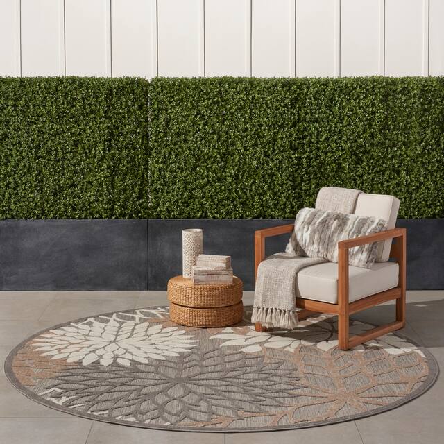 Nourison Aloha Floral Modern Indoor/Outdoor Area Rug - 7'10" Round - Cream/Grey