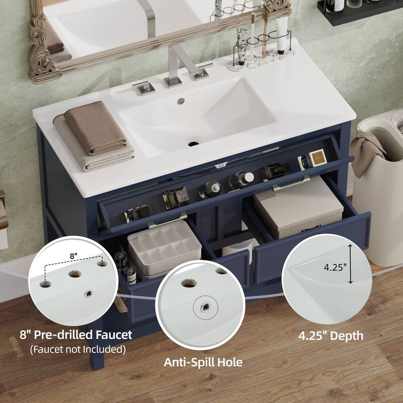 36" Bathroom Vanity with Ceramic Sink, Tip-Out Tray, Full-Extension Drawers, Soft-Close Slides, and Open Shelf
