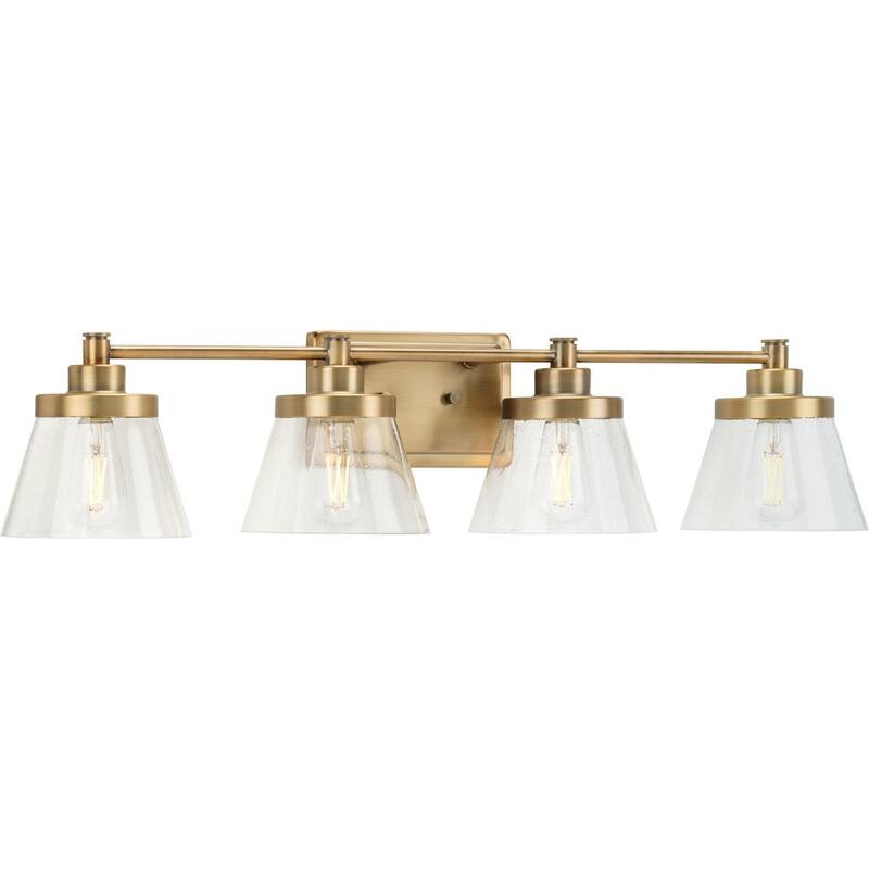 Hinton Collection Four-Light Vintage Brass Clear Seeded Glass Farmhouse Bath Vanity Light - 33.5 in x 7.12 in x 7.75 in - 33.5 in x 7.12 in x 7.75 in