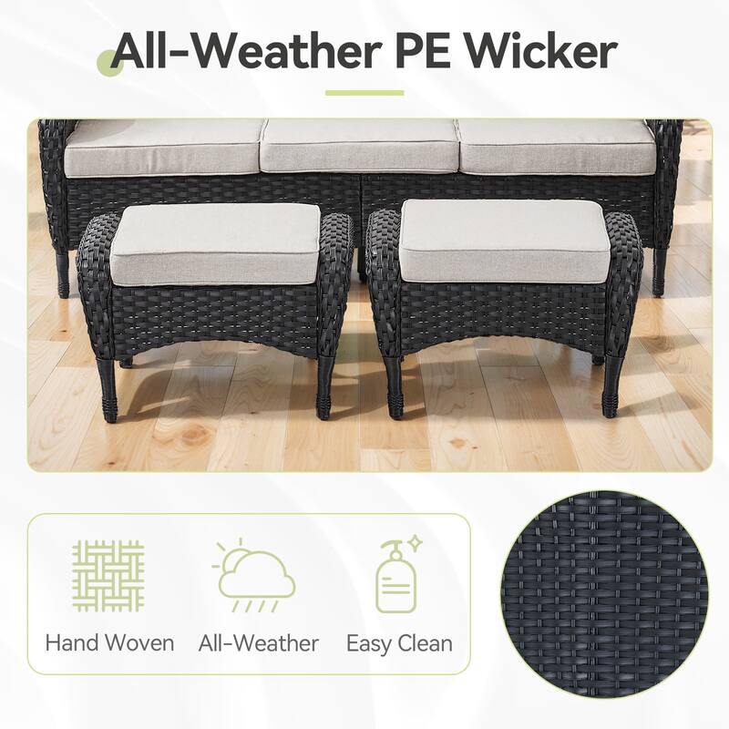 6 Pieces Patio Sofa Chairs Ottoman Black-Beige - Black