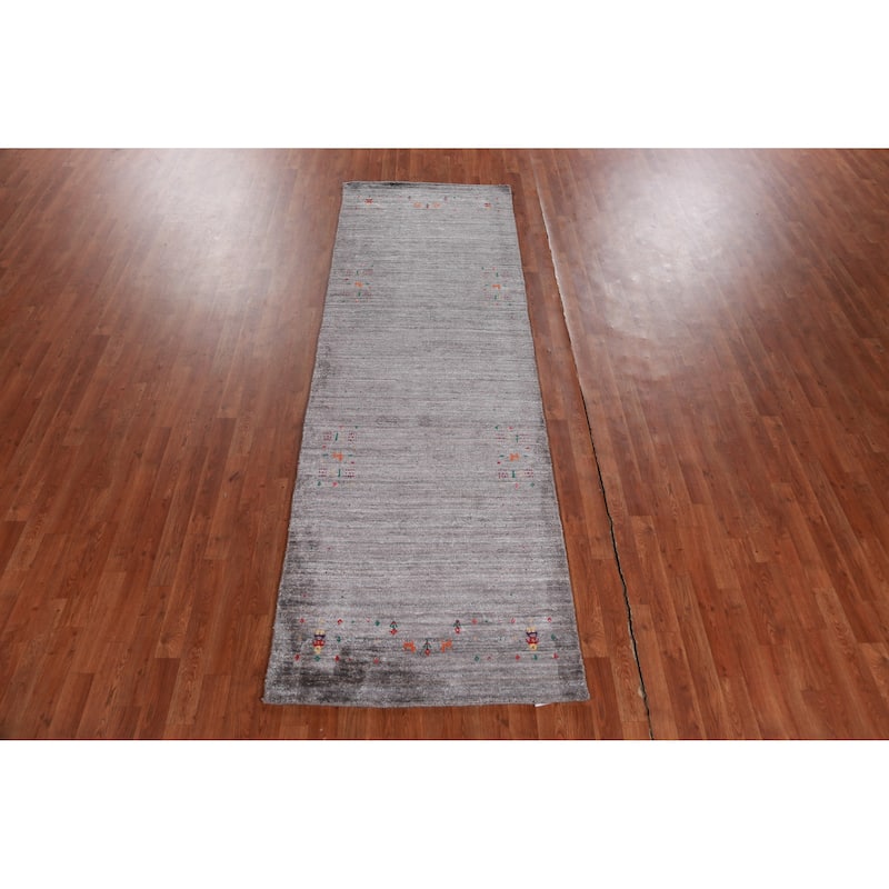 Hand Knotted Oriental 100% Wool Carpet Tribal Tribal Greys & Charcoal Gabbeh Runner Rug - 9' 9'' X 3' 2''