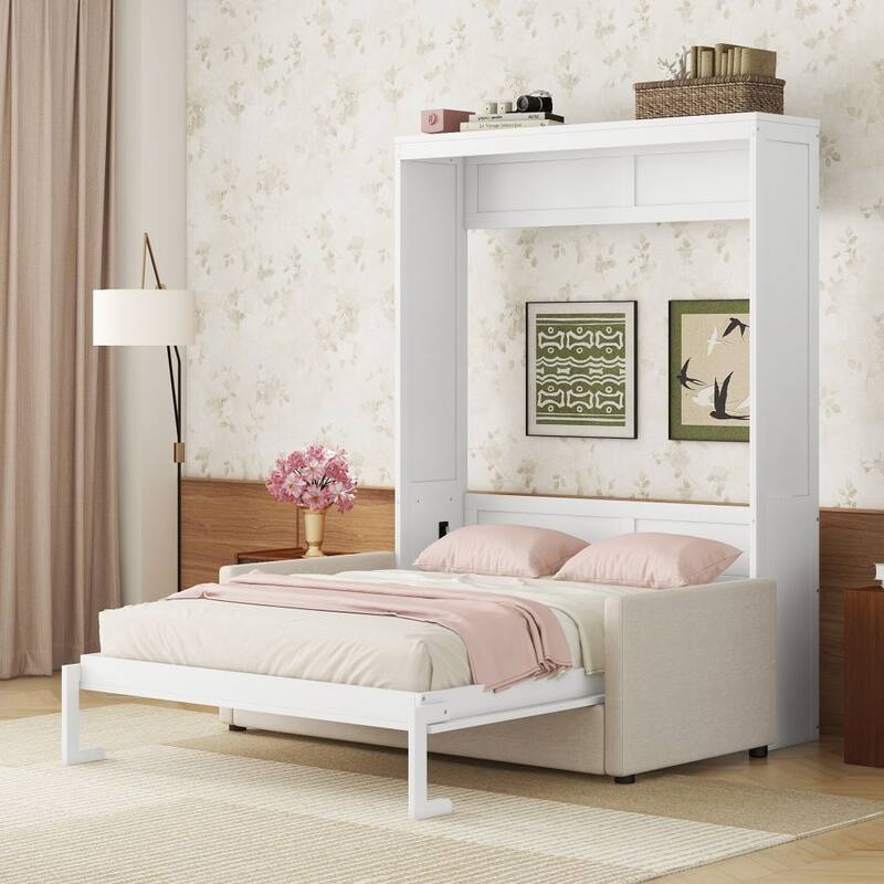 Queen Size Murphy Bed Wall Bed with Cushion - White