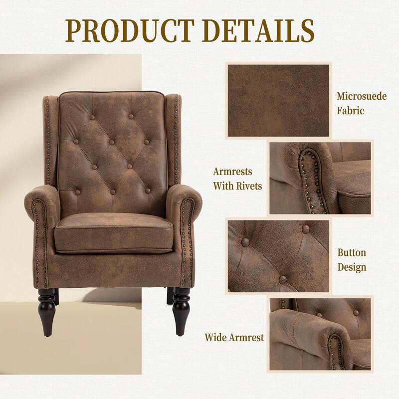 Coffee Modern 29.33" High Back Upholstered Arm Chair with Sturdy Wood Legs and Nailheads for Living Room
