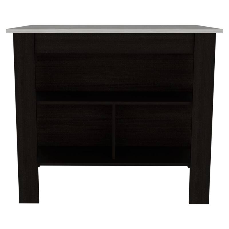 Kitchen Island, kitchen table 35" H, Four Legs, Three Open Storage Shelves, Black / Ibiza Marble