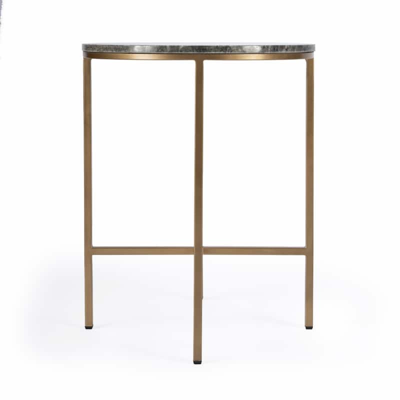 23" Round Grey Marble Top and Brass End Table with Distressed Finish and Iron Frame for Bedroom - 22.75"H x 18.25"W x 18.25"L