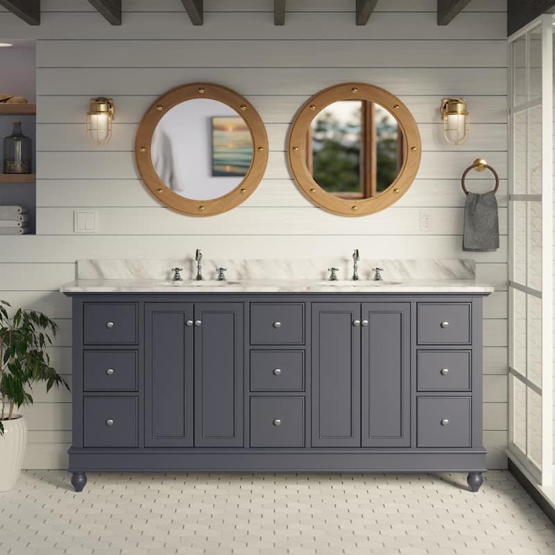 KitchenBathCollection Bella 72" Double Bathroom Vanity with Carrara Marble Top - Marine Gray