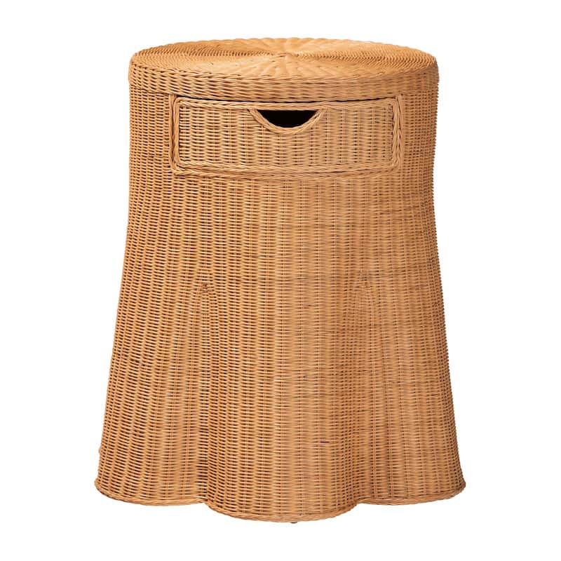 Dayo Scalloped Natural Rattan Console Table with Drawer - Handwoven Wicker Accent Table with Flared Skirt, Coastal Boho Style