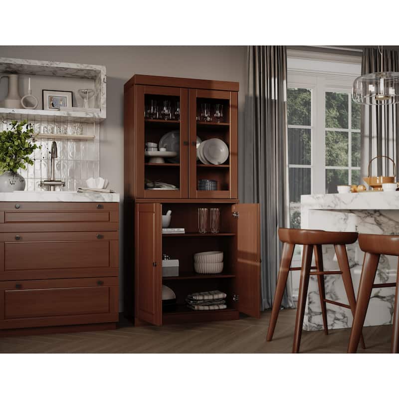 Palace Imports 100% Solid Wood Pantry Cabinet with Frosted, Clear Glass or Solid Doors and Adjustable Shelves - Mocha - Clear Glass-Solid
