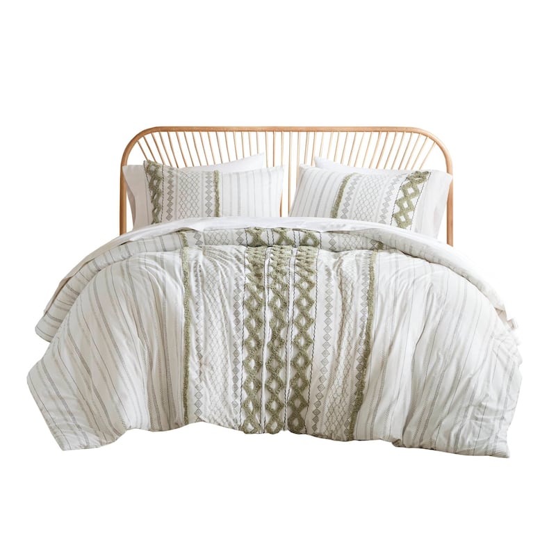 3 PCS King/Cal King Cotton Printed Comforter Set with Chenille Sage/Ivory