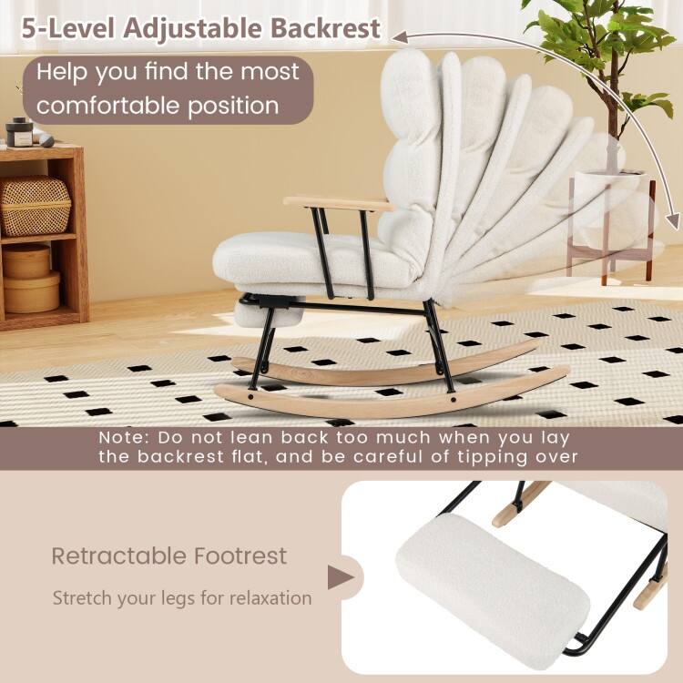 White Teddy Velvet Rubber Wood Rocking Chair with Adjustable Backrest and Footrest - 38" x 25.5" x 38"
