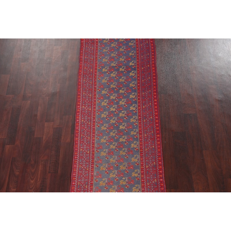 Hand Knotted Oriental 100% Wool Carpet Traditional Floral Navy Blue & Blues Balouch Runner Rug - 9' 5'' X 2' 8''