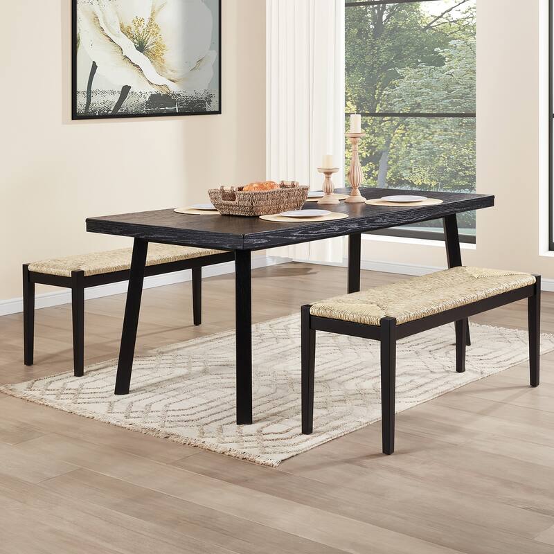 Bohemian 44.5" L Natural Weave Seagrass Rattan Entryway Dining Bench - Set of 2 - Black