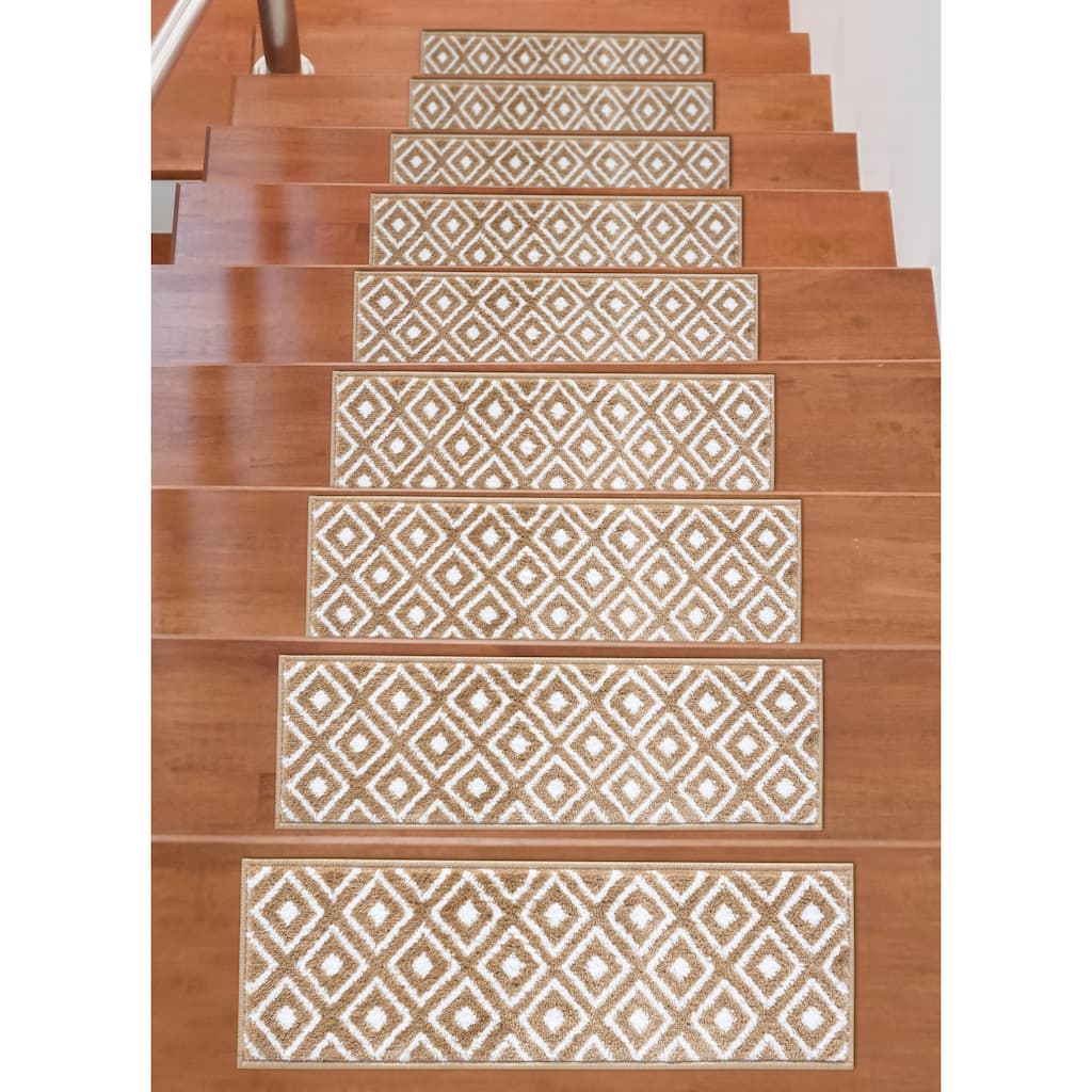 Beverly Rug Indoor Non Slip Carpet Stair Treads w/ Installed Tape 9"x28" Trellis Beige / Ivory