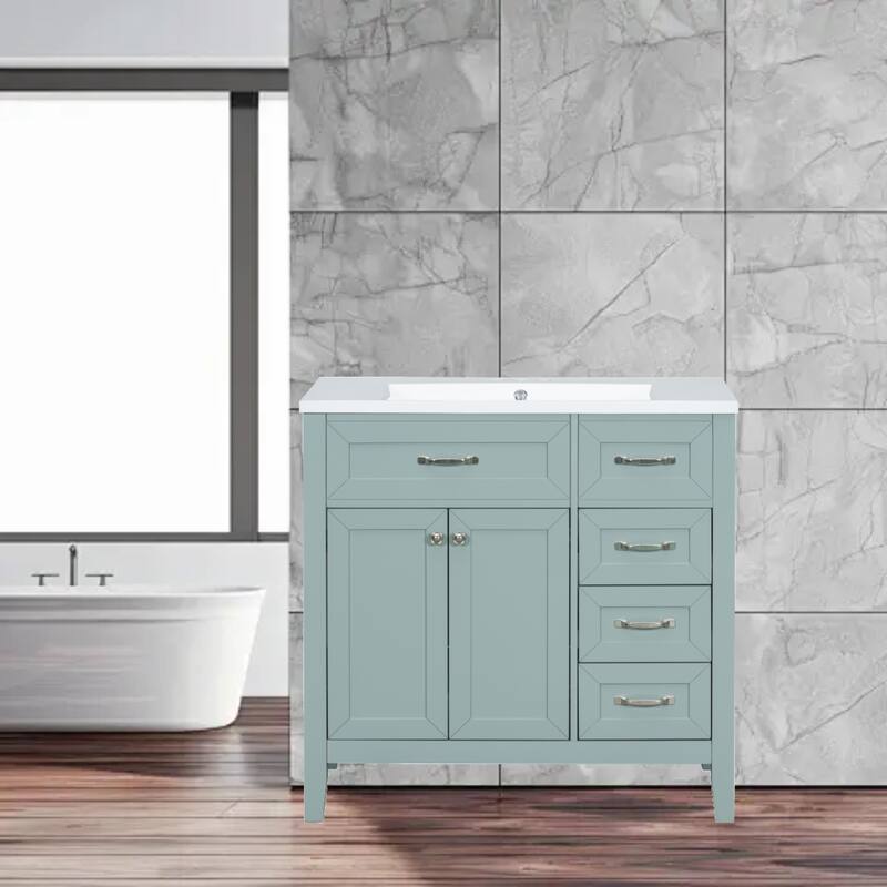 36" Freestanding Bathroom Vanity with Smooth Ceramic Sink, Cabinet & Drawers, MDF Construction