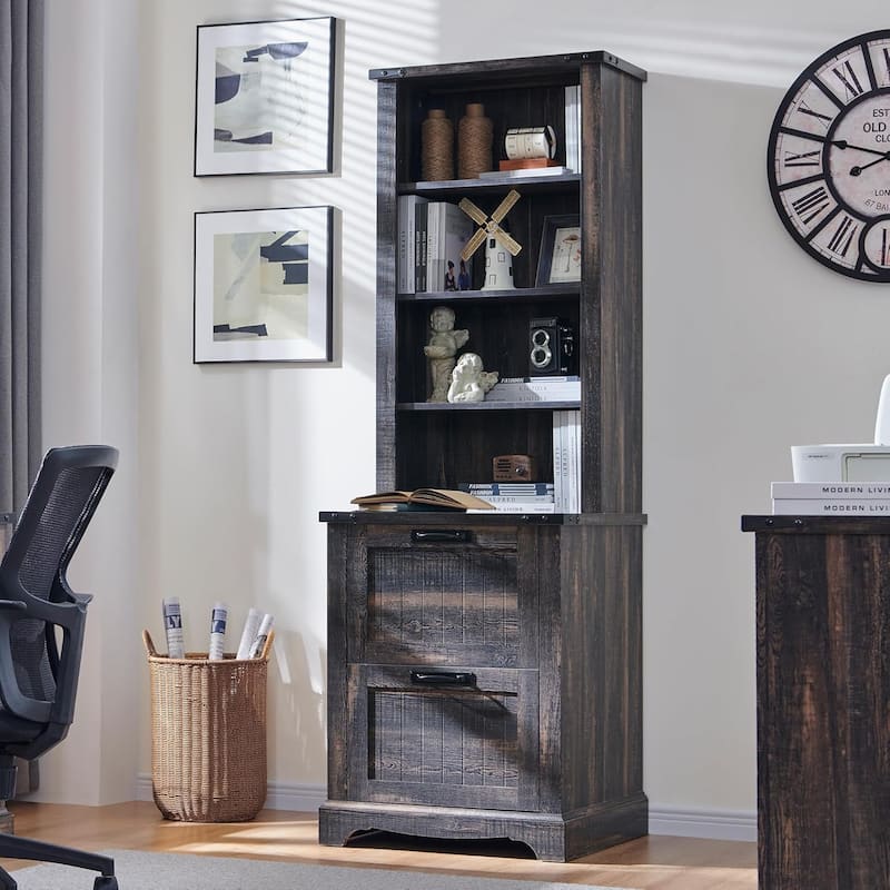 72" Tall Farmhouse Bookcase, Rustic Wood Bookshlef for Home Office - Dark Rustic Oak