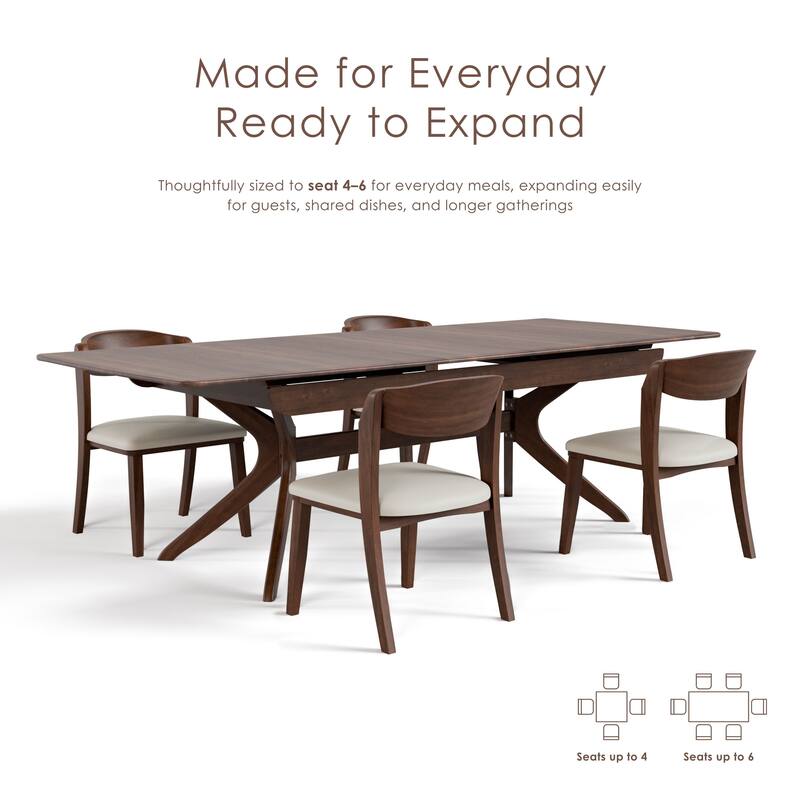 Furniture of America Abigail IV Mid-Century Modern 5-Piece Rich Walnut Solid Wood Extendable Dining Set with Self-Storing Leaf