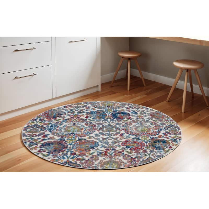 Jiqo Power Loomed Distressed Geometric Floral Traditional Non Skid Area Rug By HomeRoots - 72' X '72' X '0.5 - 72' X '72' X '0.5 - Oxford Blue - Round