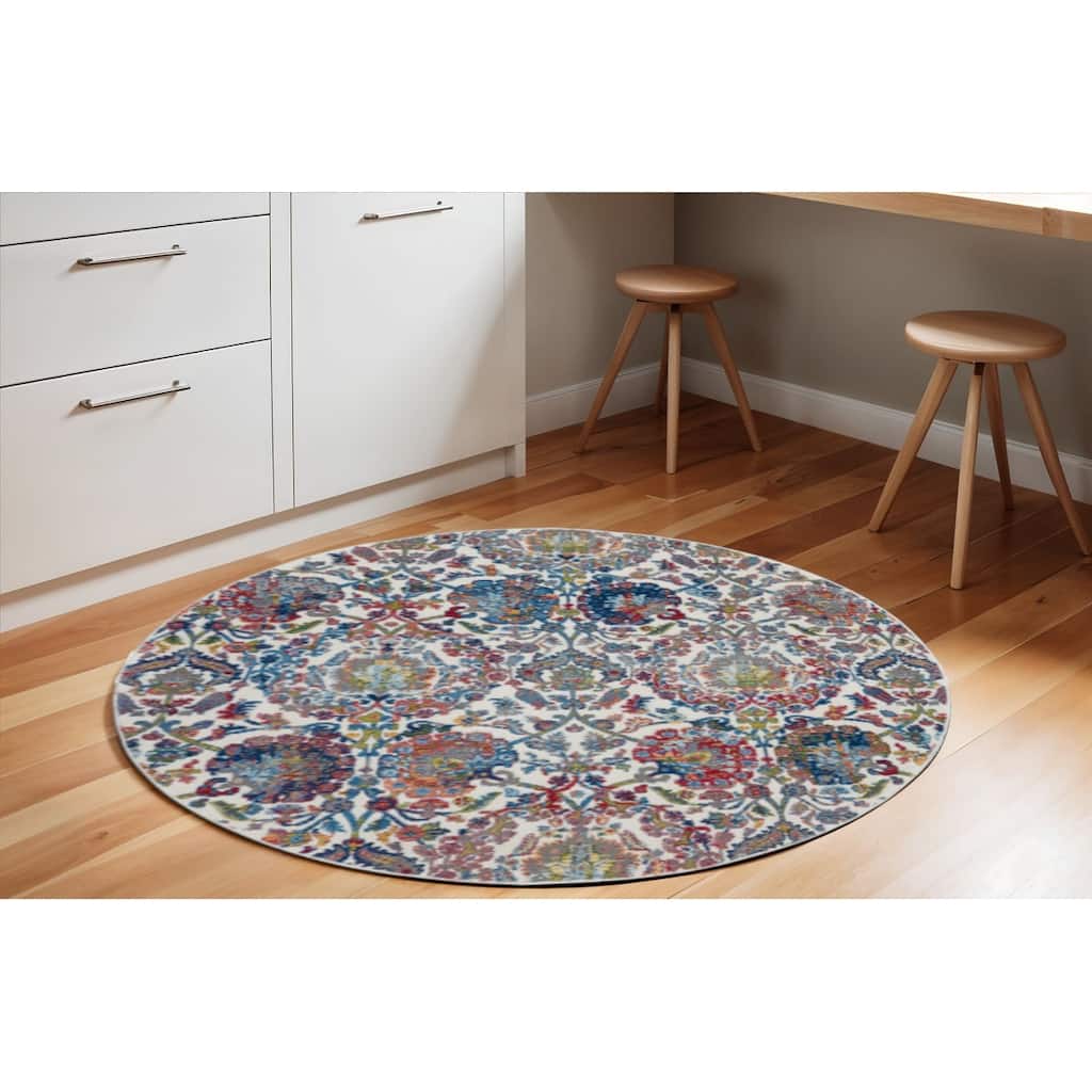 Jiqo Power Loomed Distressed Geometric Floral Traditional Non Skid Area Rug By HomeRoots - 72' X '72' X '0.5