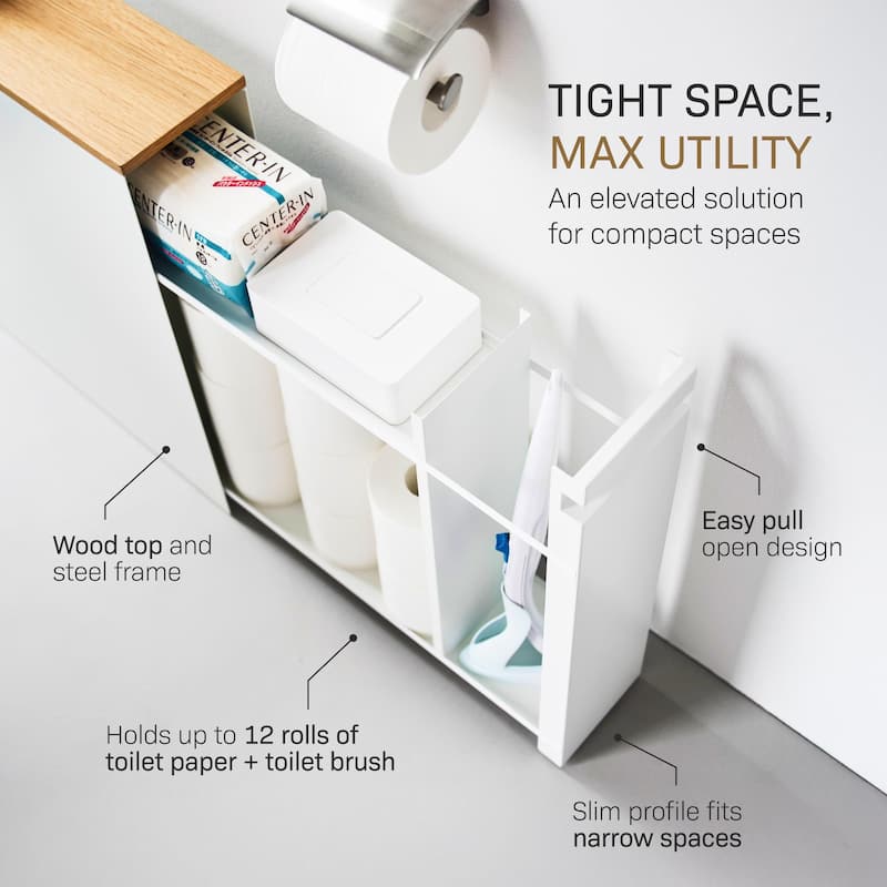 Yamazaki Home Pull-Out Bathroom Storage Cabinet, Steel and Wood - L 22.05 x W 5.51 x H 21.65 inches