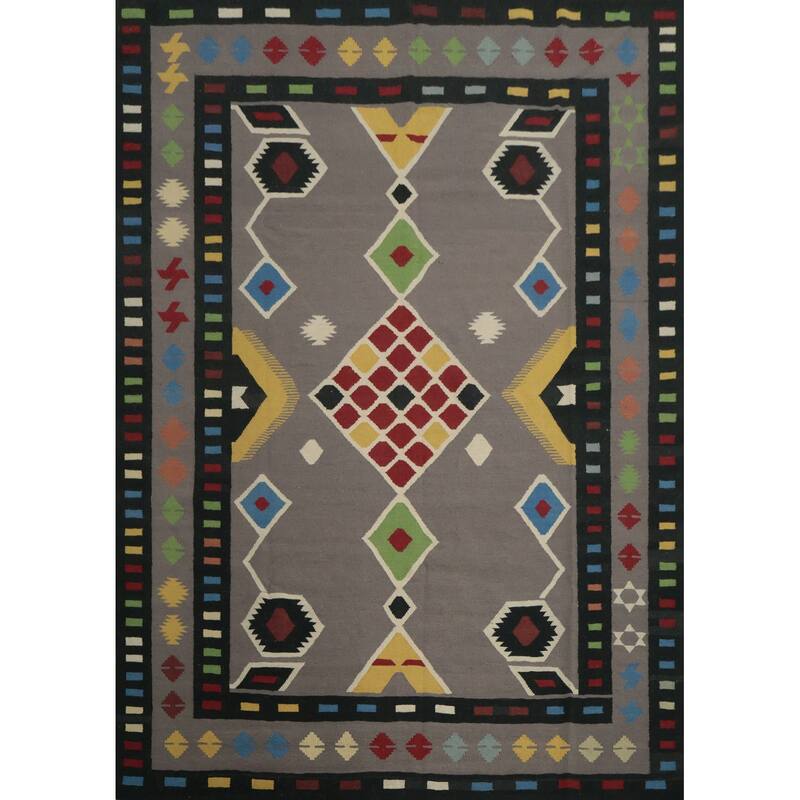 Hand Woven Oriental 100% Wool Carpet Southwestern Tribal Greys & Charcoal Kilim Area Rug - 10' 2'' X 8' 8''