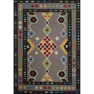 Hand Woven Oriental 100% Wool Carpet Southwestern Tribal Greys & Charcoal Kilim Area Rug - 10' 2'' X 8' 8''
