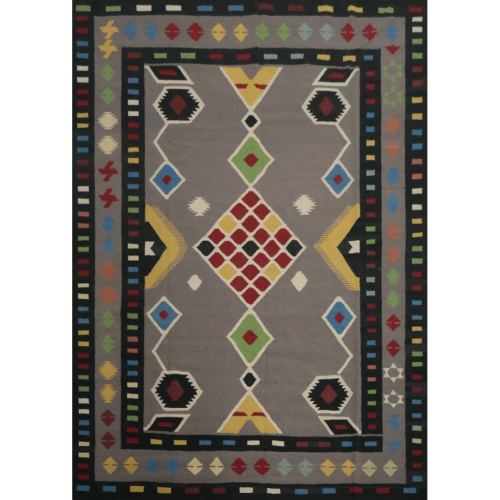 Hand Woven Oriental 100% Wool Carpet Southwestern Tribal Greys & Charcoal Kilim Area Rug - 10' 2'' X 8' 8''