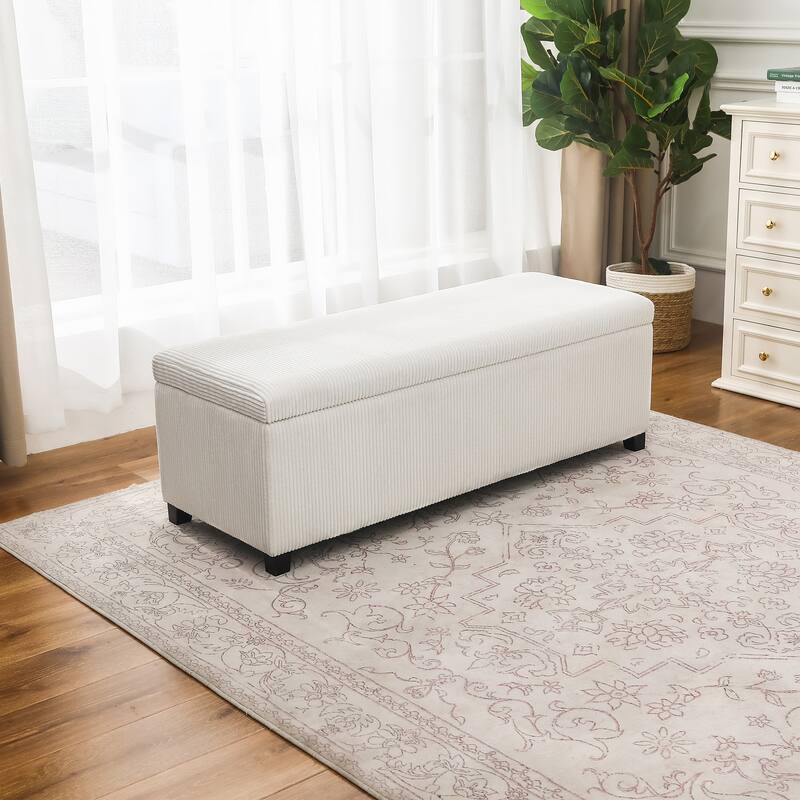 Adeco Corduroy Storage Ottoman for Living Room Bedroom - Gream white