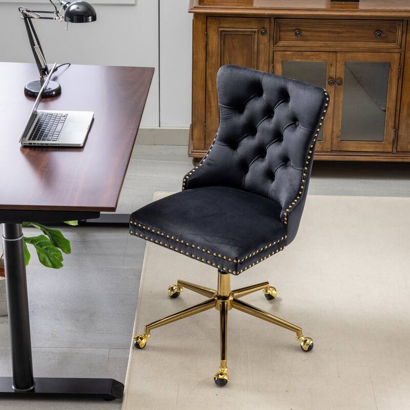 Velvet Upholstered Tufted Button Home Office Chair, Adjustable Wingback Armless Desk Chair, Swivel Vanity Chair with Metal Base