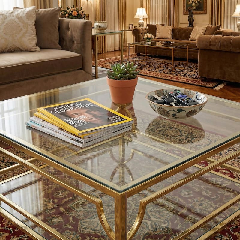 Homy Casa Square Golden Chromed Tempered Glass Coffee Table 33.5", Shelf, Electroplated Gold Geometric Living Room