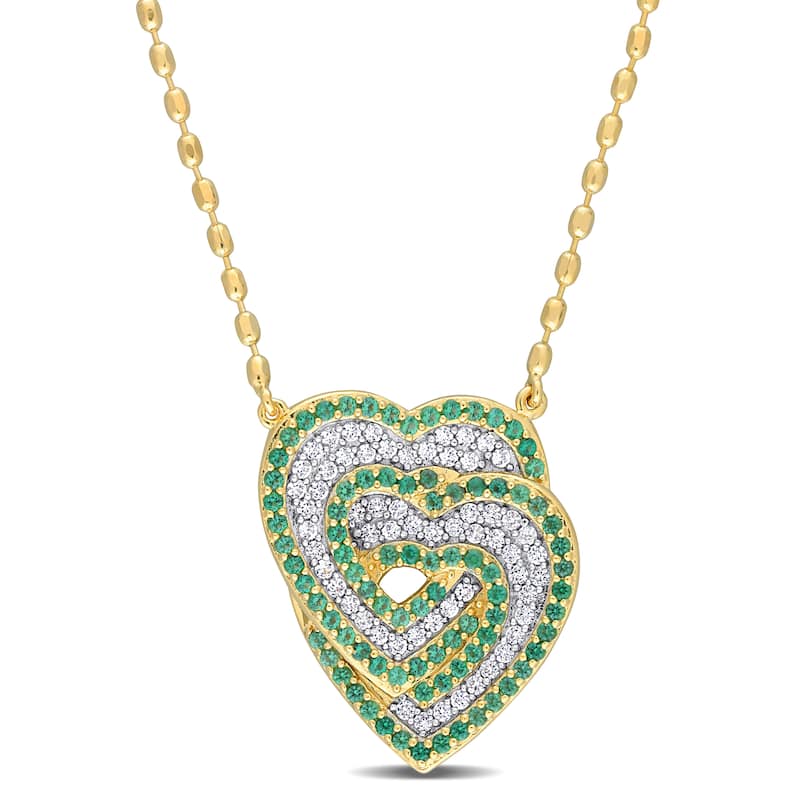 Miadora 1 2/5ct TGW Created White Sapphire Created Emerald Heart Necklace Yellow Silver