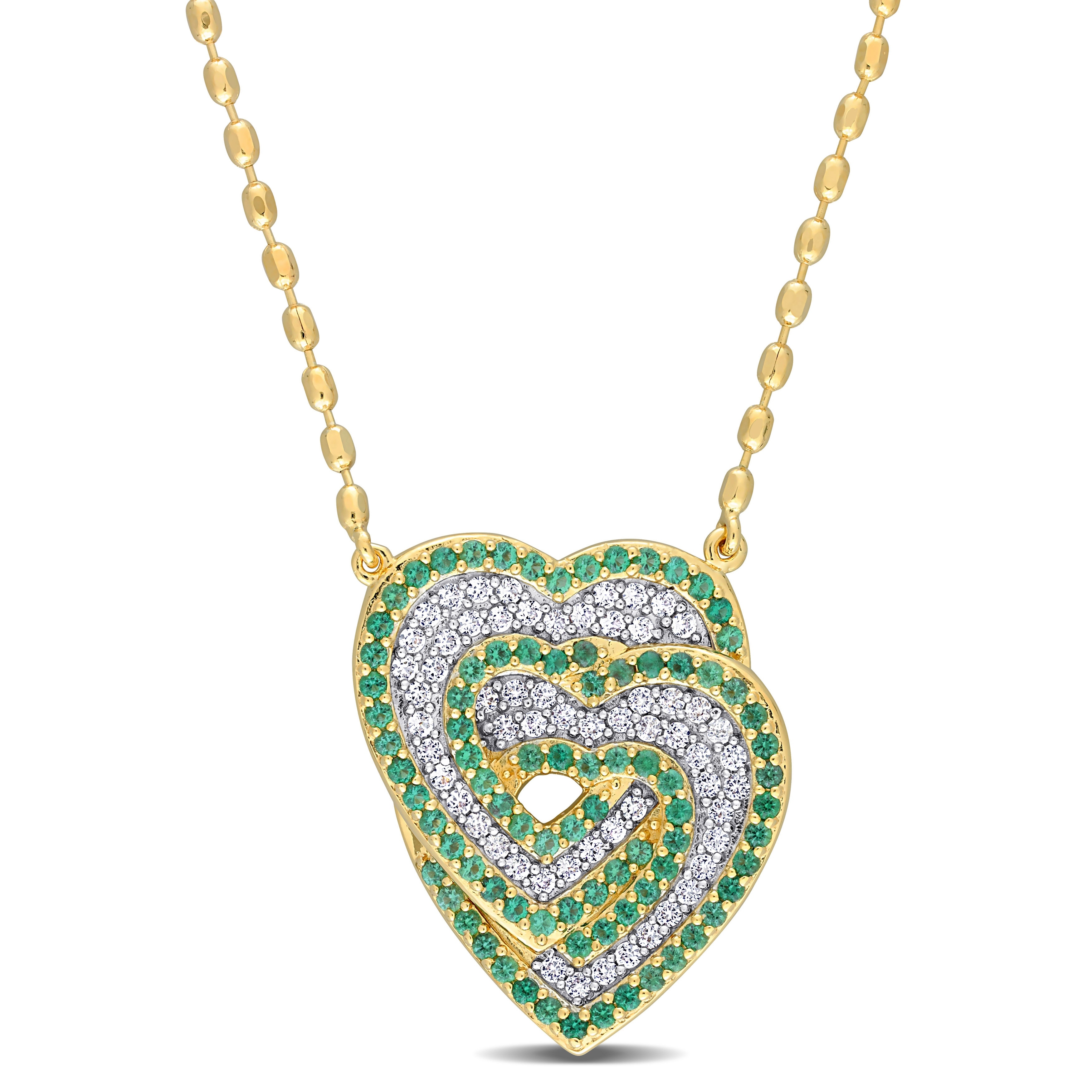 Miadora 1 2/5ct TGW Created White Sapphire Created Emerald Heart Necklace Yellow Silver