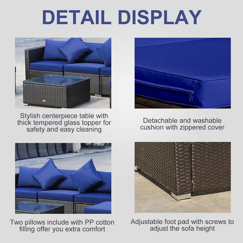 Outsunny 6-Piece Outdoor Patio Rattan Wicker Furniture Set with Comfortable Cotton Cushions, Removable Slip Covers