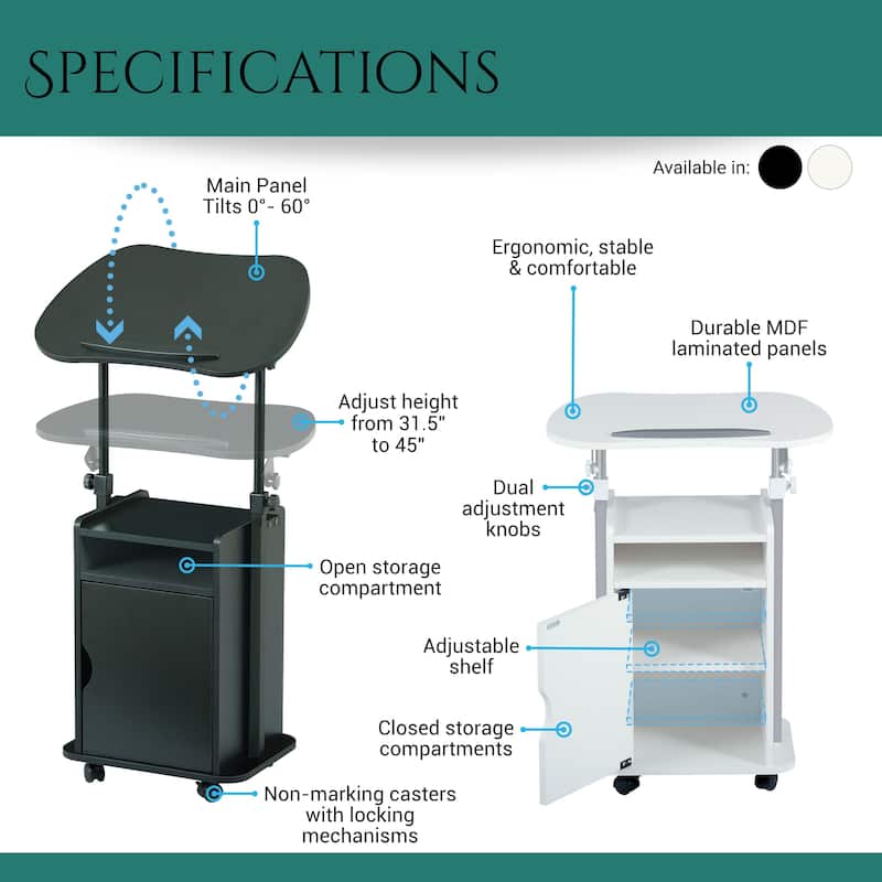 Rolling Laptop Cart Sit-to-Stand with Adjustable Height & Storage