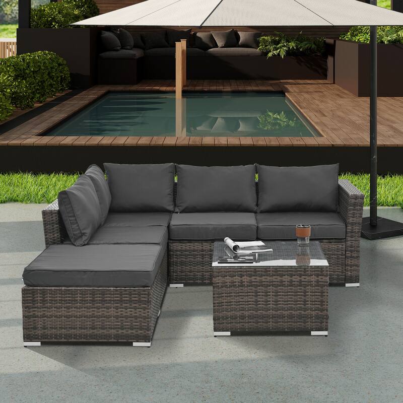 GDFStudio - Elegant 4-Piece Outdoor PE Wicker Patio Set with Tempered Glass Coffee Table - Brown