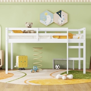 Solid Rubberwood Loft Bed Frame with Ladder, Guardrails and Underbed Storage Space - Low Height Design for Kids and Teens