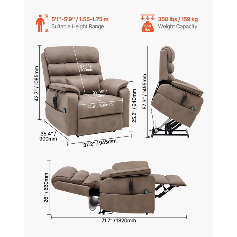 Velvet Power Lift Recliner, Dual-Motor, Heat, Massage & Wireless Charger