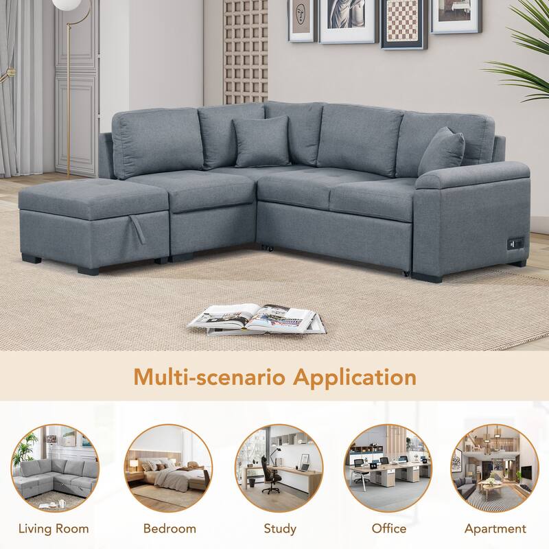 84.75" Velvet L-Shaped Sectional Sofa with Storage Ottoman, USB & Hidden Storage