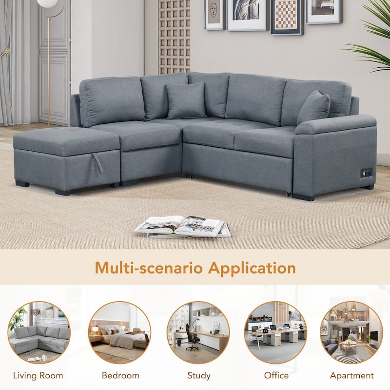 Sleeper Sectional Sofa, L-Shape Corner Couch Sofa-Bed with Storage Ottoman & Hidden Arm Storage & USB Sockets