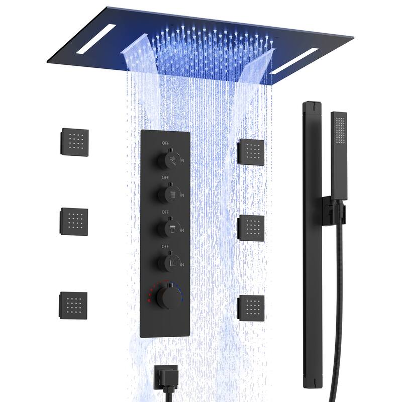 Multi-Function Thermostatic Shower System – Rainfall, Waterfall, Body Jets & LED Smart Control - 15*23 - Matte Black