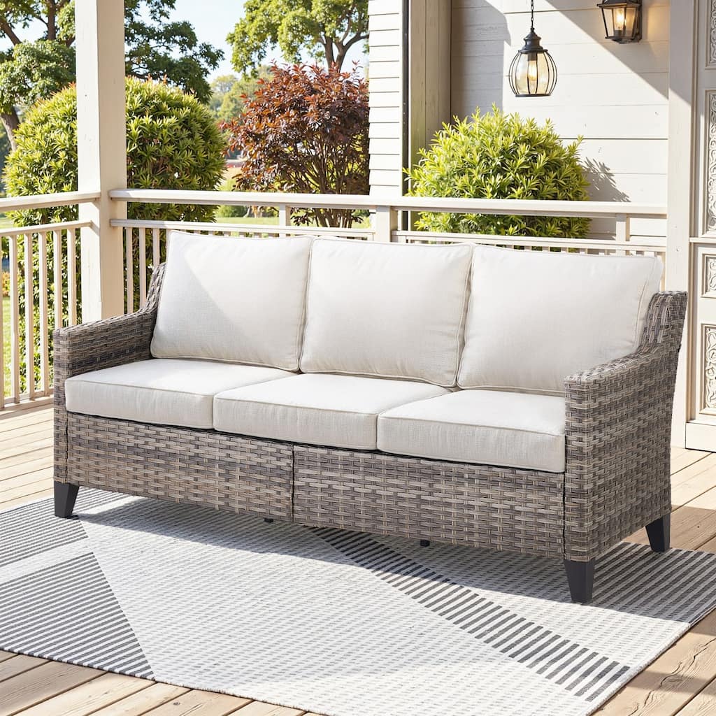 Glissia 3-Seat Handwoven Gray Wicker Patio Sofa with 4-Inch Thick Cushions