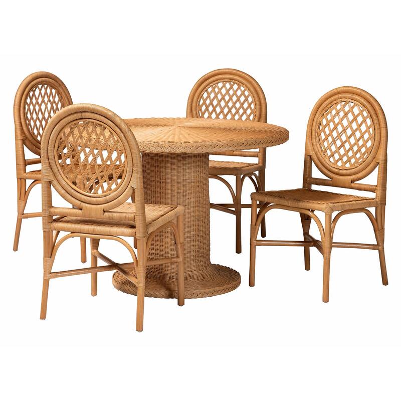 Winslow 5-Piece Rattan Dining Set - Round Wicker Table with Pedestal Base and 4 Chairs, Kitchen or Dining Room, Light Honey - Light Honey