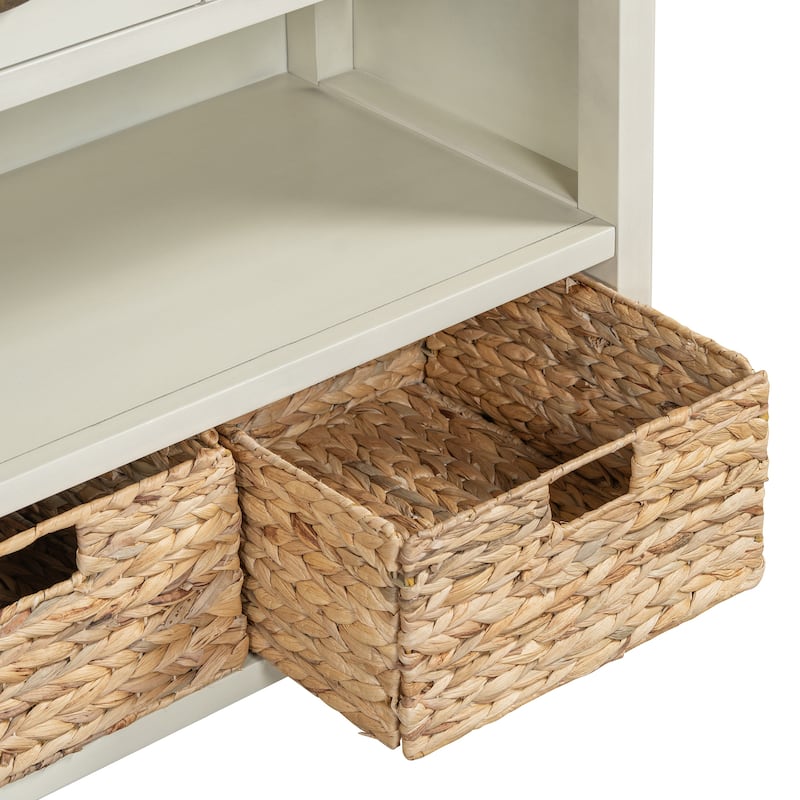 Sideboard Storage Cabinet with 3 Drawers & Water Hyacinth Woven Baskets, Wood Console Table for Living Room Hallway Entryway