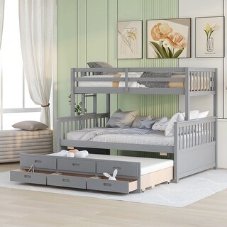 Gray Twin-Over-Full Solid Pine Wood Bunk Bed with Twin Size Trundle and ...
