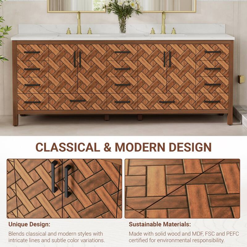 84" Freestanding Bathroom Vanity with Engineered Stone Top, Ceramic Double-Sink, Built-In Power Outlet, and Hair Dryer Storage