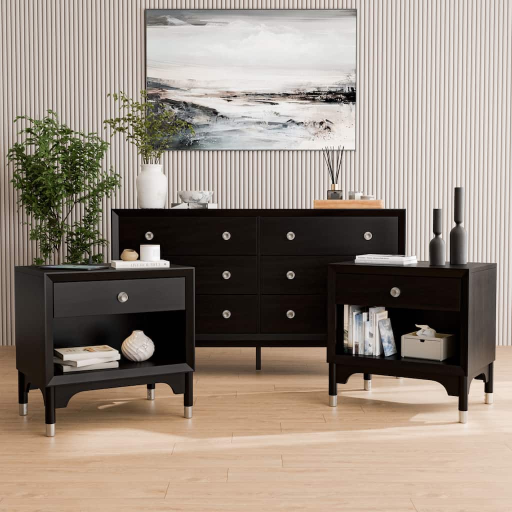 Furniture of America Forma Mid-Century Modern 3-Piece Balck Dresser and 2 Nightstand Bedroom Set